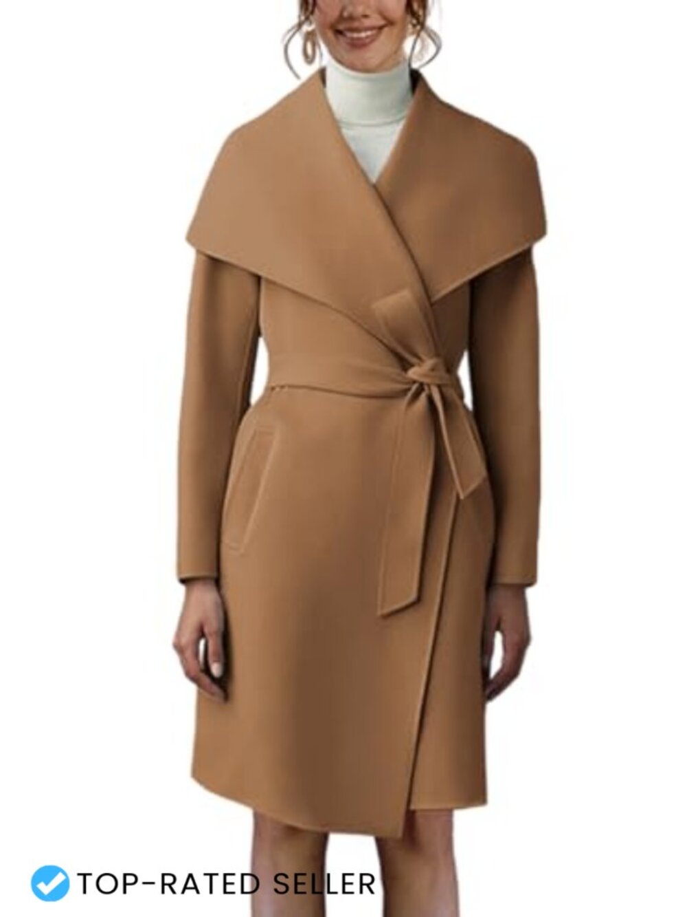 Women's Pea Trench Coat Lapel Collar Long Jacket Open Front Belted Overcoat